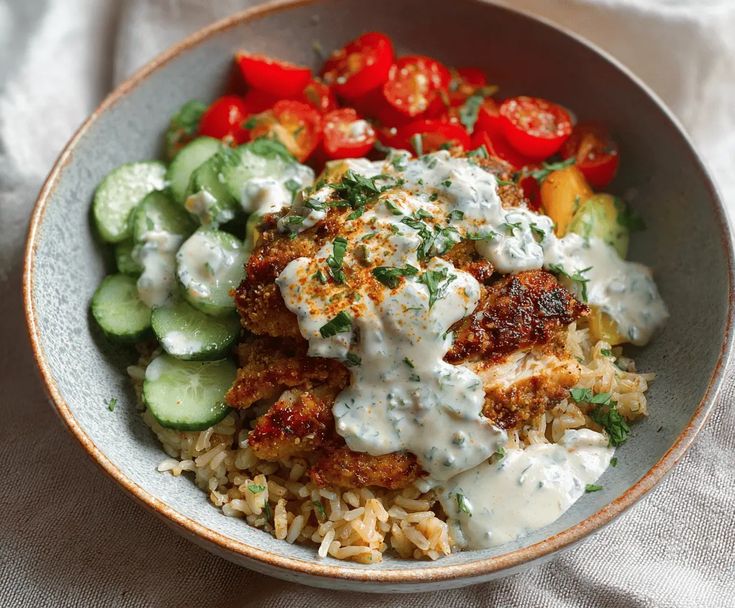 Chicken & Rice Bowls with Creamy Garlic Sauce