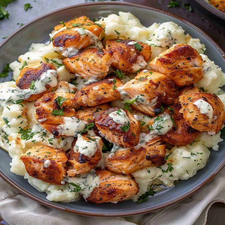 Air Fryer Salmon Bites with Garlic Cream Sauce