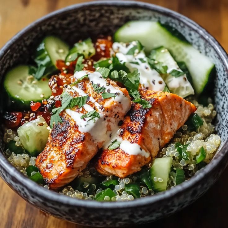 Honey Harissa Salmon Bowls