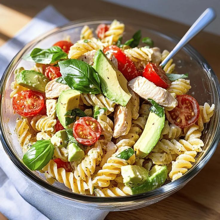 Healthy Chicken Pasta Salad with Avocado and Tomato
