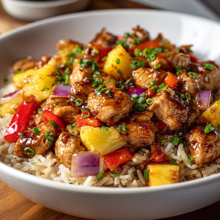 Sweet Pineapple Chicken with Bell Peppers and Rice