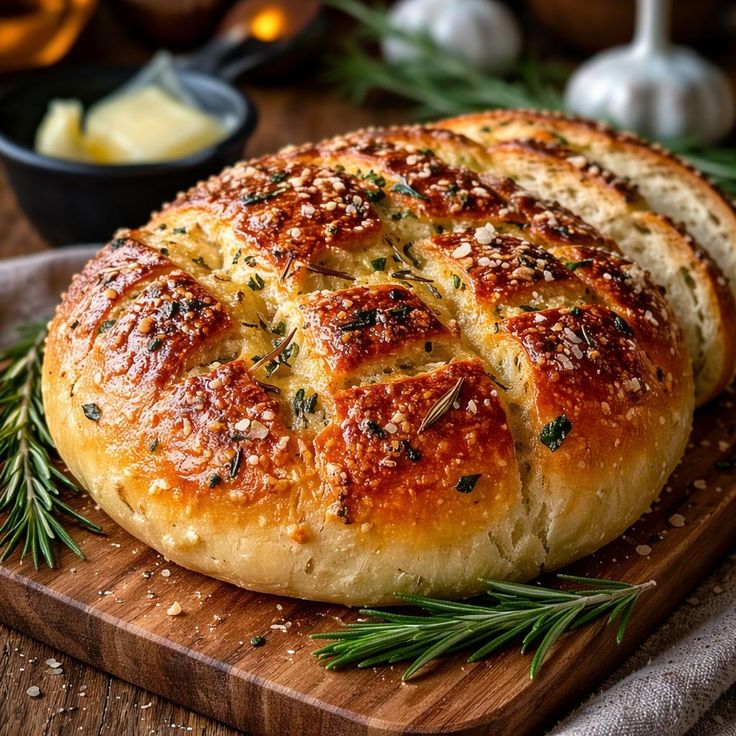 Rustic No-Knead Rosemary Garlic Bread