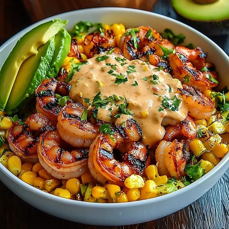 Grilled Shrimp Bowl with Avocado and Corn Salsa